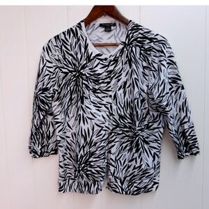 Augusta Silk Black White Floral Print Button Front 3/4 Sleeve Cardigan PL/ #7267